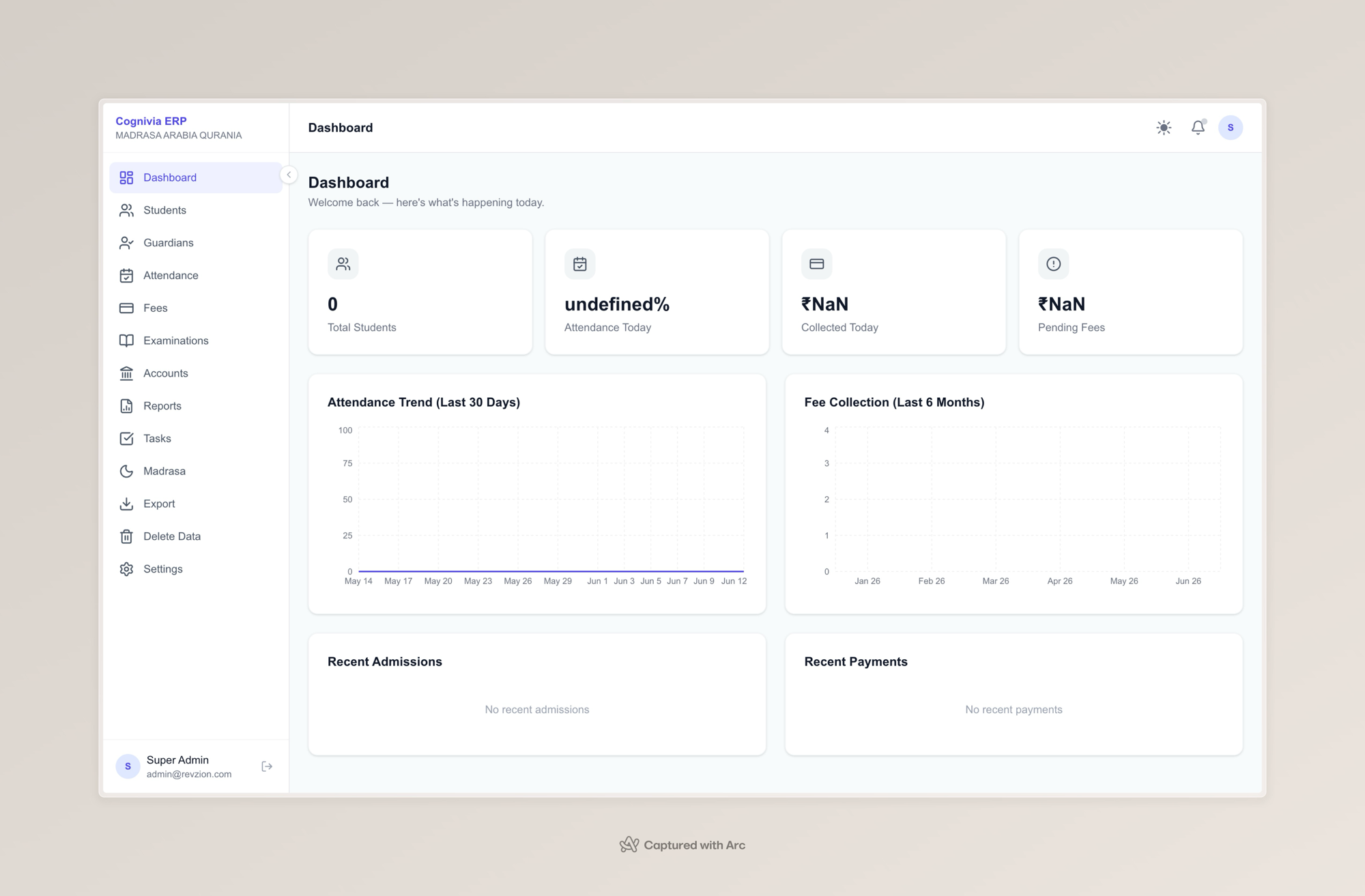 Cognivia ERP Dashboard — showing student management, attendance, fee collection, and analytics